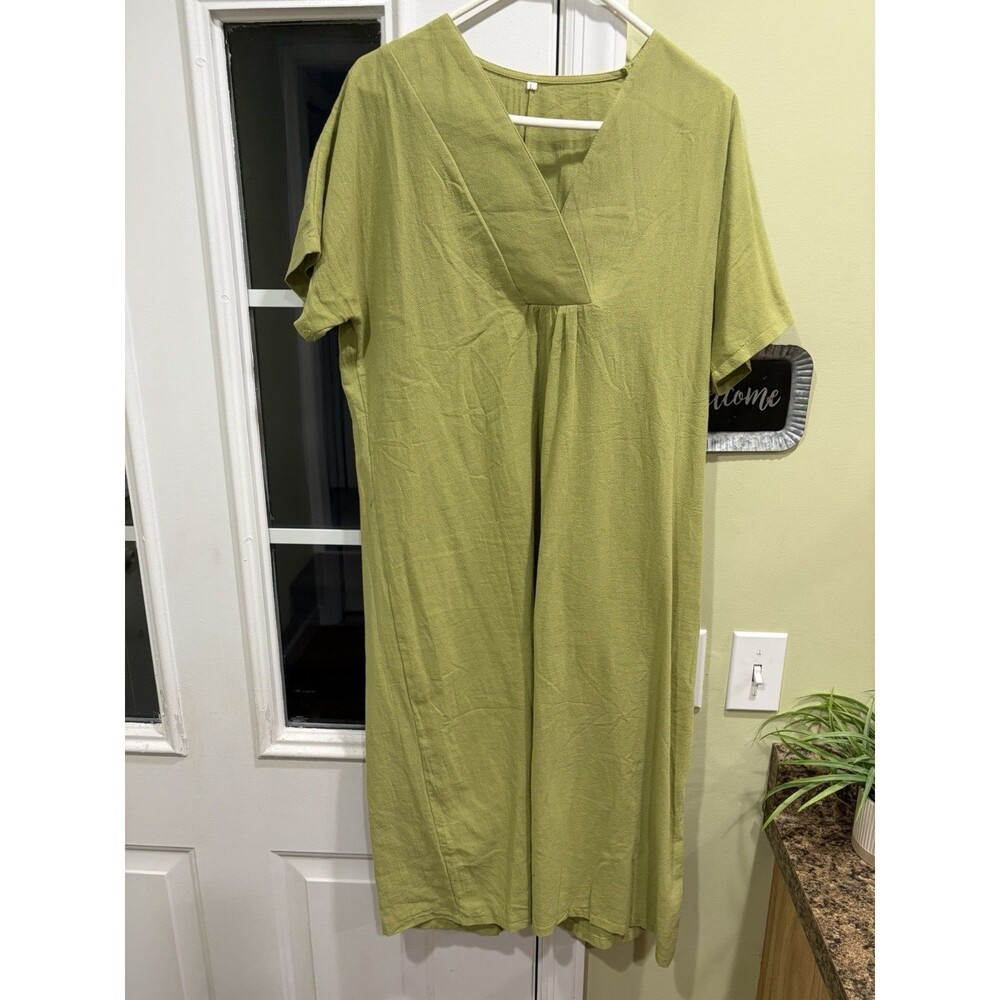 Women's Green Solid V-Neck Short Sleeve Pullover Linen Cotton Dress